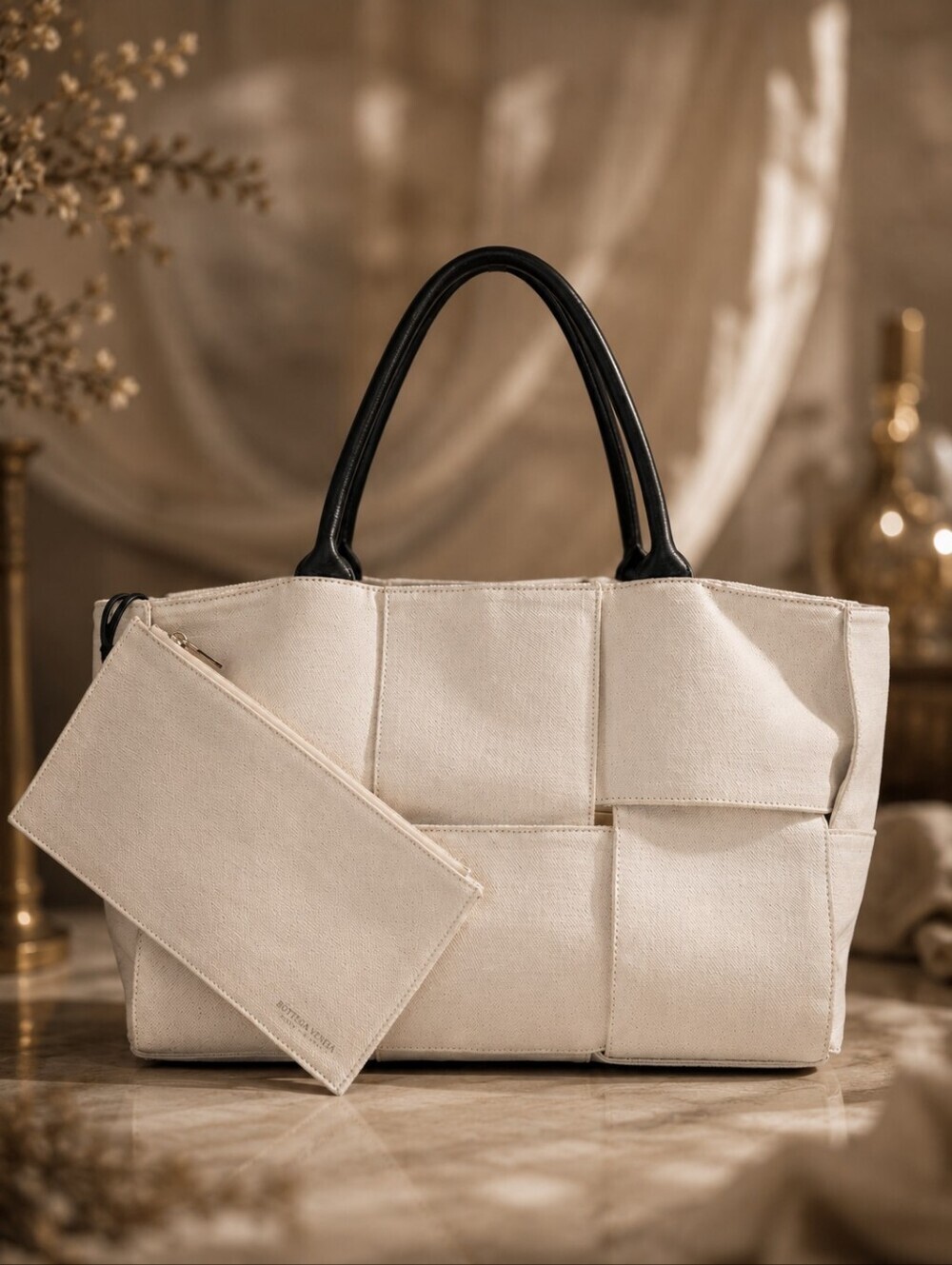 Bottega Veneta Arco Tote Canvas Leather Organizer Tote + Pouch COA
